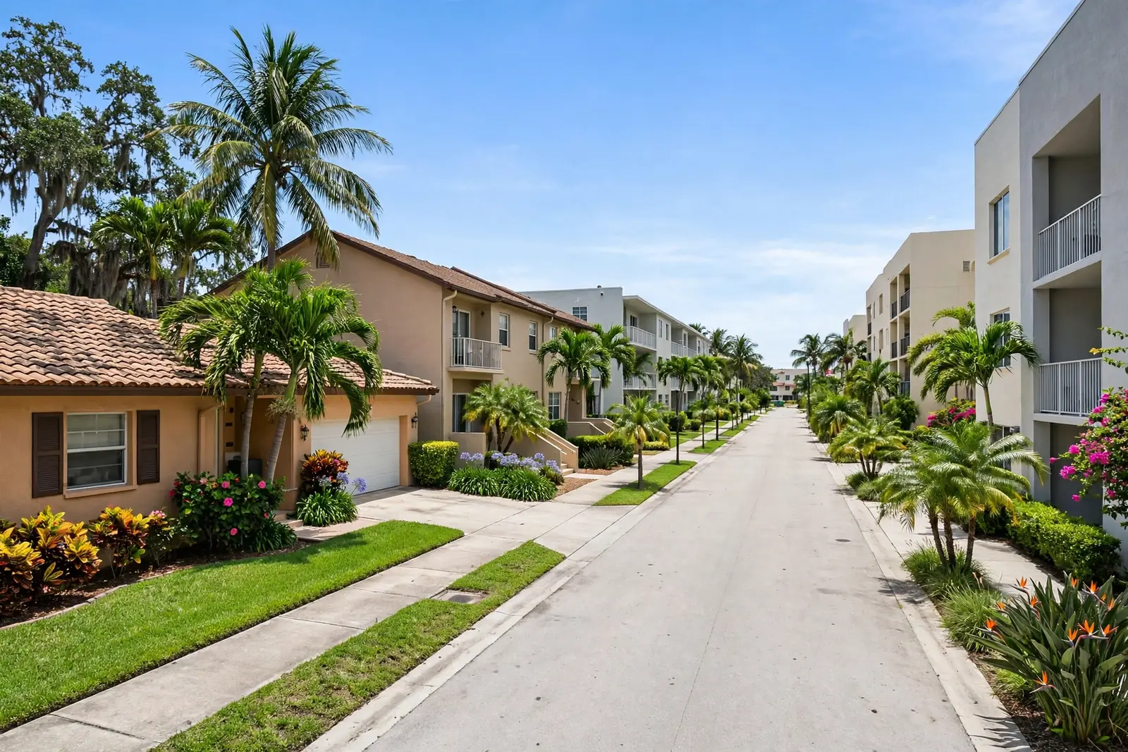 Mixed homes, townhomes and condos on a street in Boca Del Mar, Boca Raton