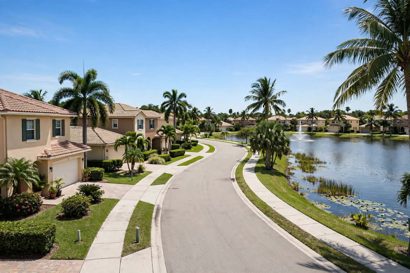 Single-family homes around a lake in the gated Boca Isles community, Boca Raton