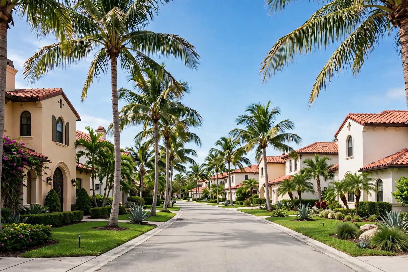 A palm-lined residential street in a Boca Raton neighborhood