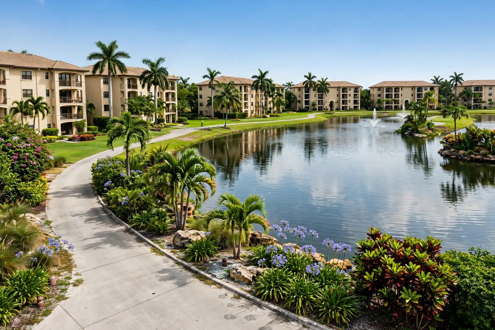 Mid-rise condos and villas around landscaped grounds in Boca West Country Club, Boca Raton