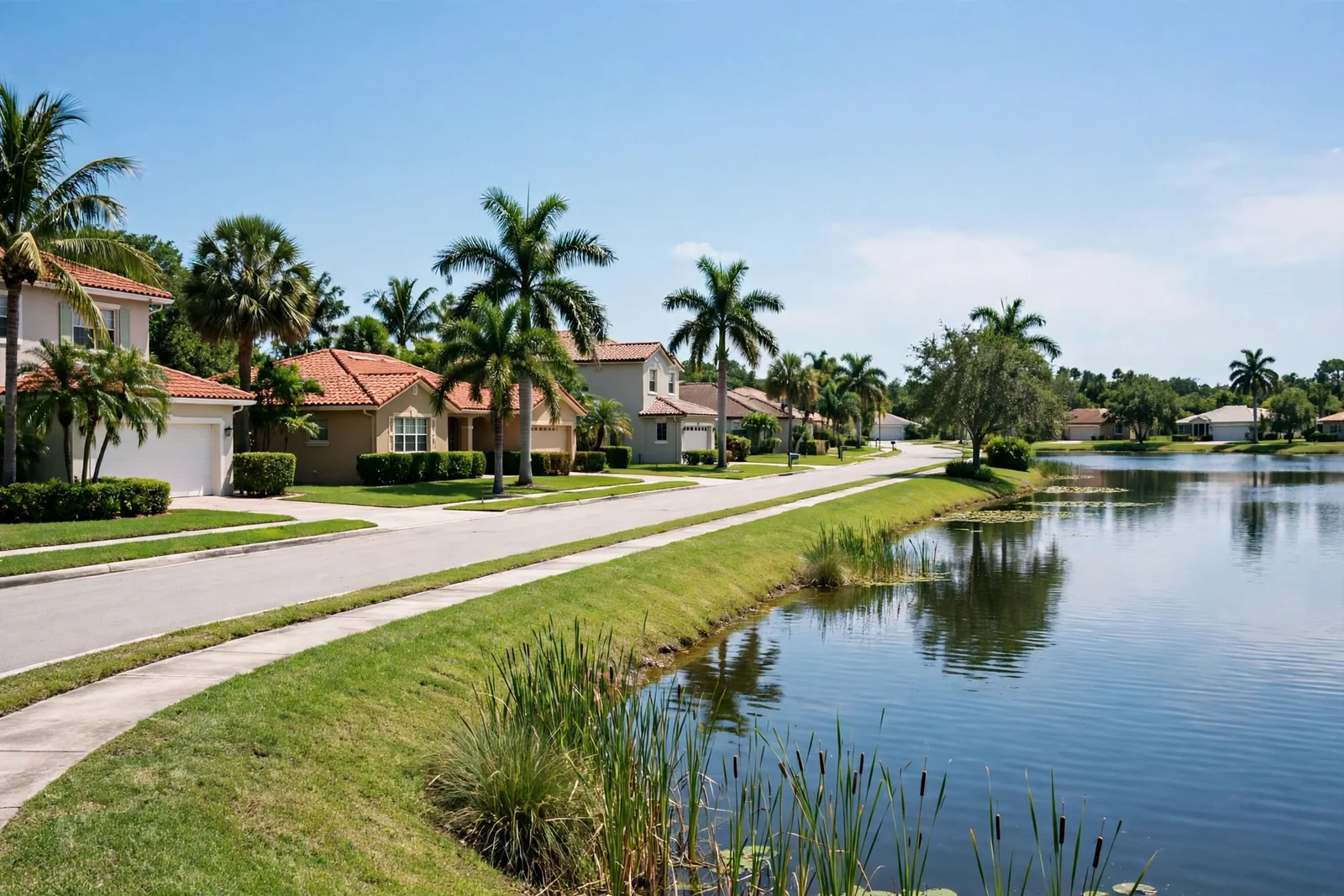 Lakefront homes along a quiet street in Logger's Run, Boca Raton