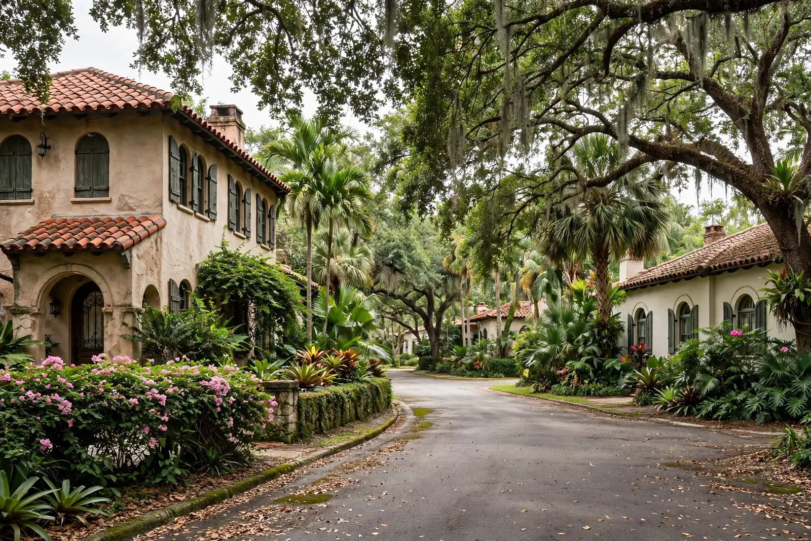 Historic Mediterranean Revival homes on a shaded street in Old Floresta, Boca Raton