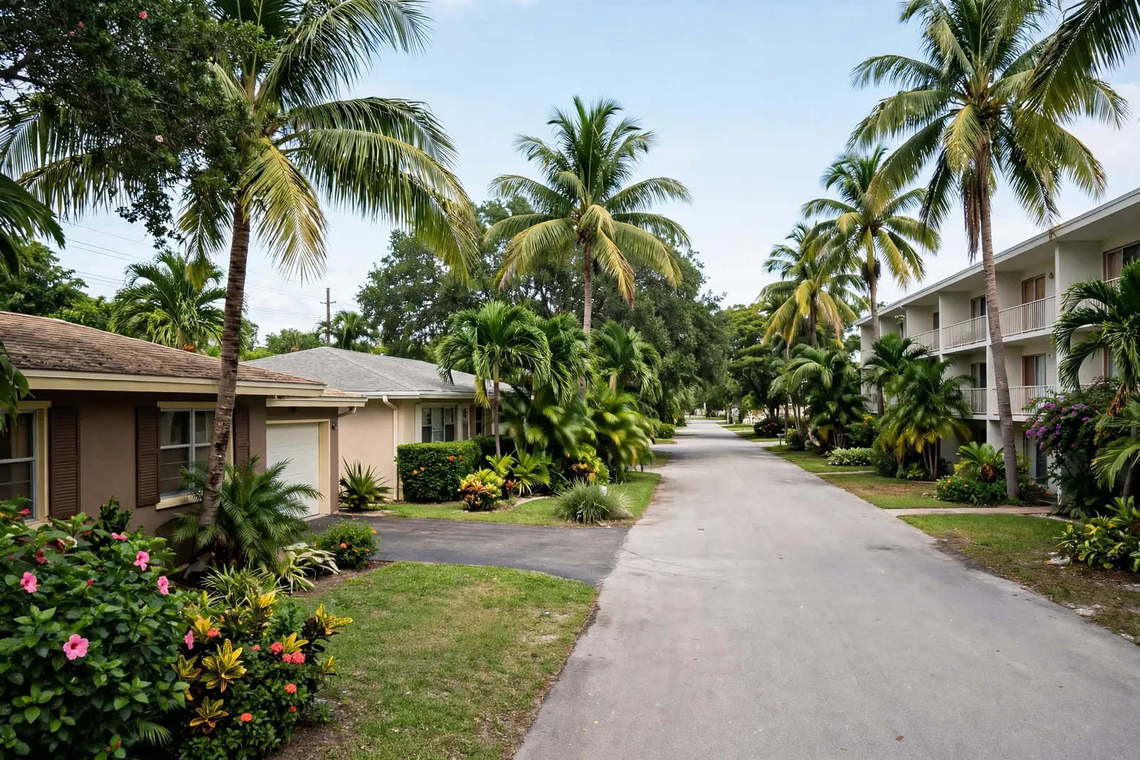 Residential street in Sandalfoot Cove, Boca Raton, with older single-family homes and palm trees