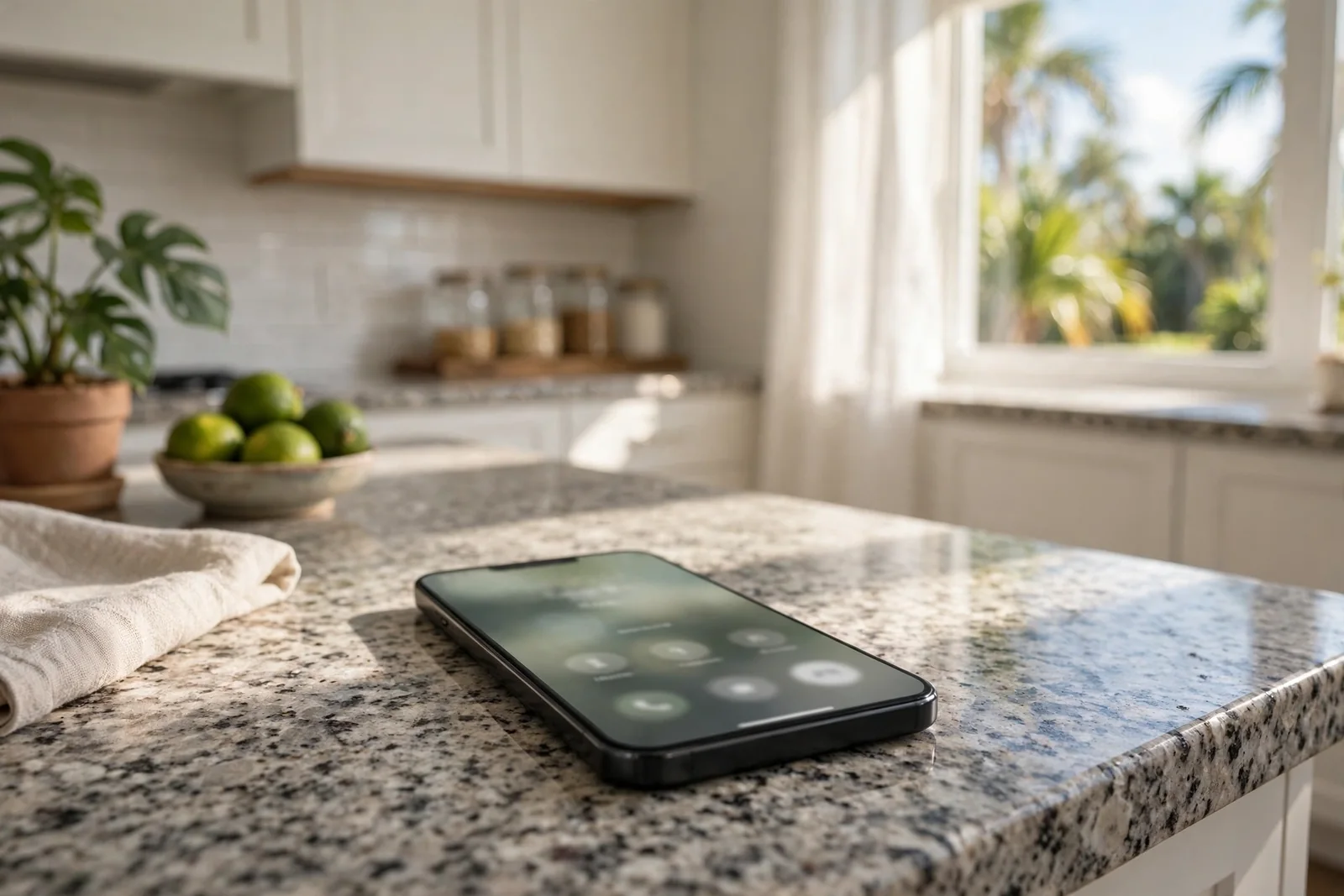 A smartphone on a kitchen counter, ready to call for water damage help in Boca Raton